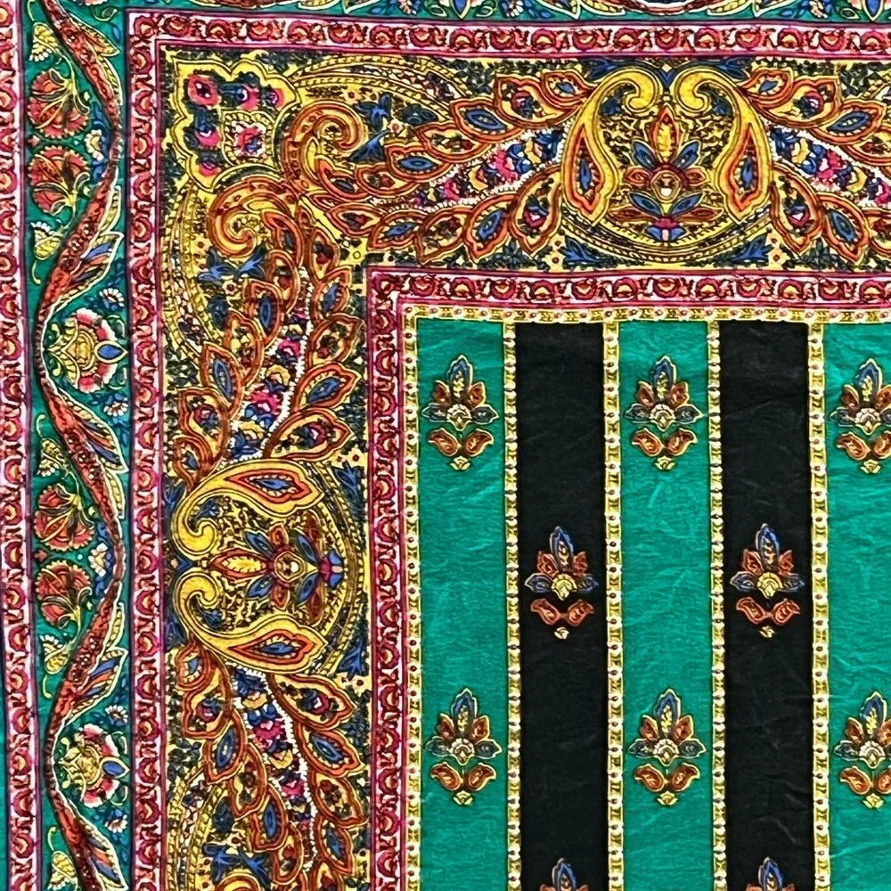 Vintage Green Blue Gold Pink Black Paisley Silk Scarf